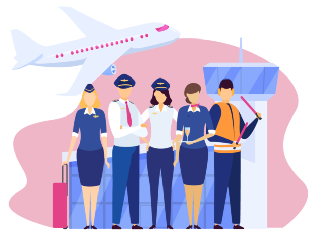 An illustration of an airport with crew and plane