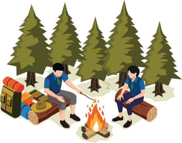 illustration of scouts around a fire in the forest