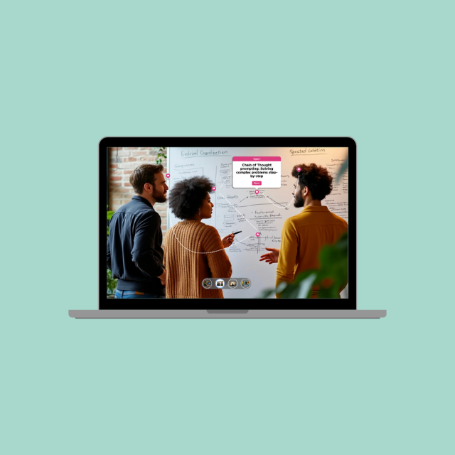 A laptop screen showing three professionals collaborating in front of a whiteboard, interacting with a gamified AI training interface.