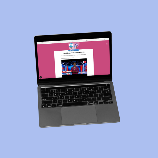 Laptop screen showing a gamified AI training module from Seppo, featuring a breaking news video on generative AI and a lesson titled "Catching up on Generative AI."