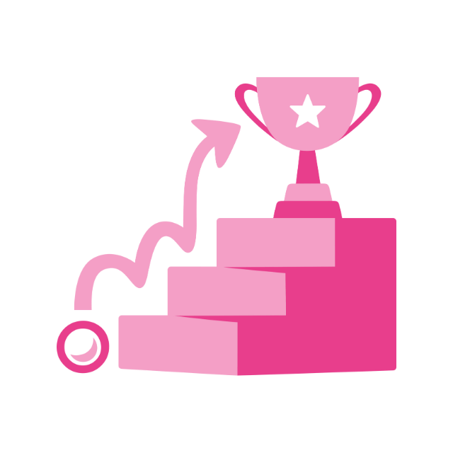 Pink illustration showing a staircase with an arrow moving upward toward a trophy with a star.
