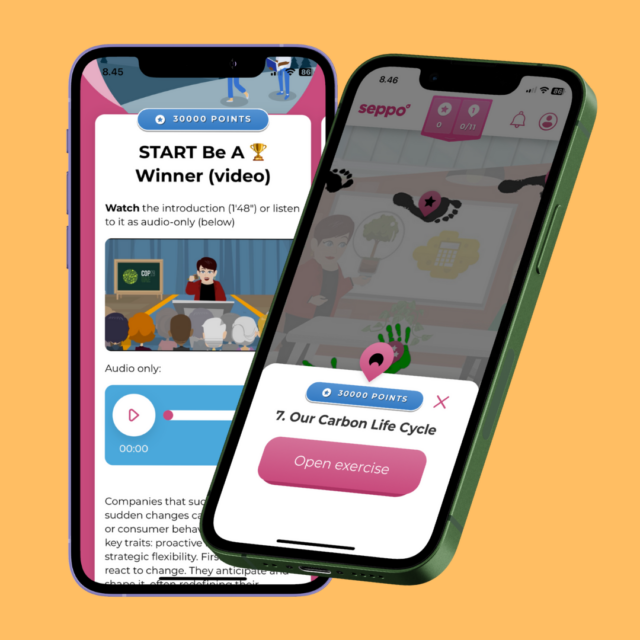 Two smartphones displaying Seppo's "Making Climate an Opportunity" game interface, showing video instructions and an interactive exercise about carbon life cycles.