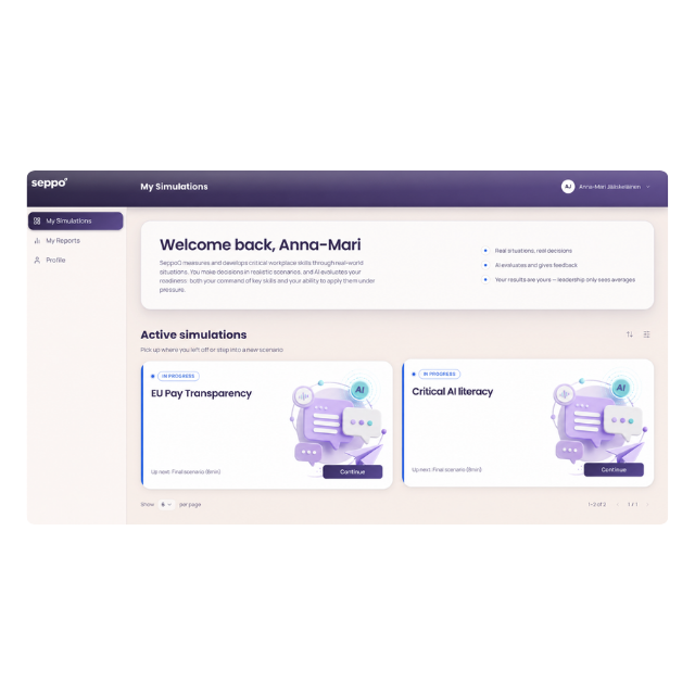 SeppoQ dashboard showing active workplace skills simulations, including EU Pay Transparency and Critical AI Literacy scenarios.