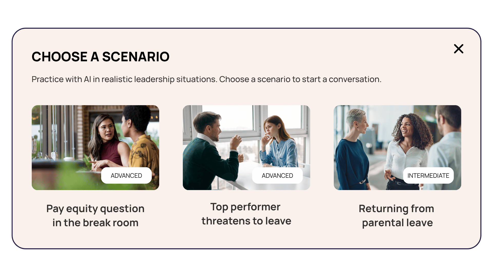 SeppoQ AI-facilitated leadership simulation platform showing workplace scenarios including pay equity discussions, employee retention conversations, and return-to-work coaching after parental leave.