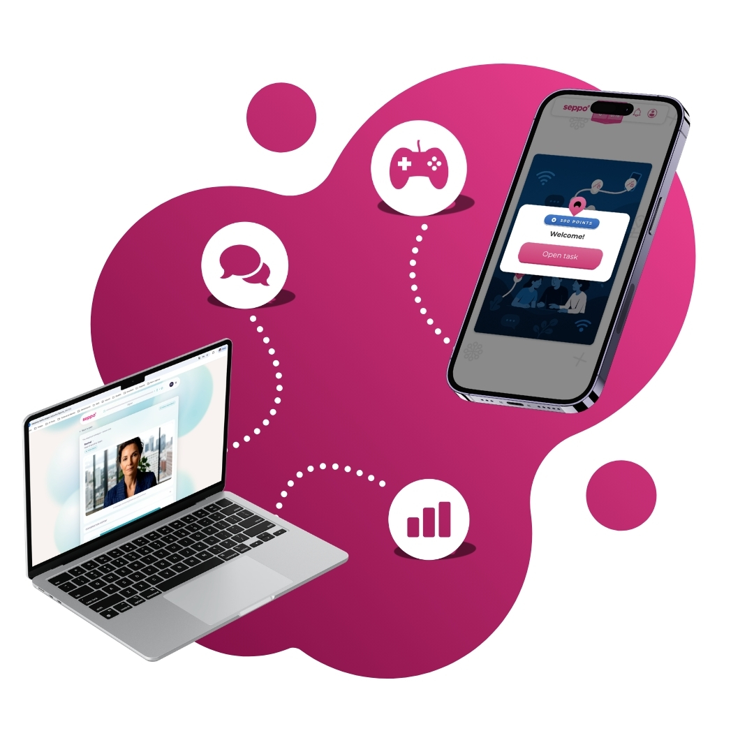 SeppoQ AI simulations and Seppo Gamification shown on laptop and mobile.