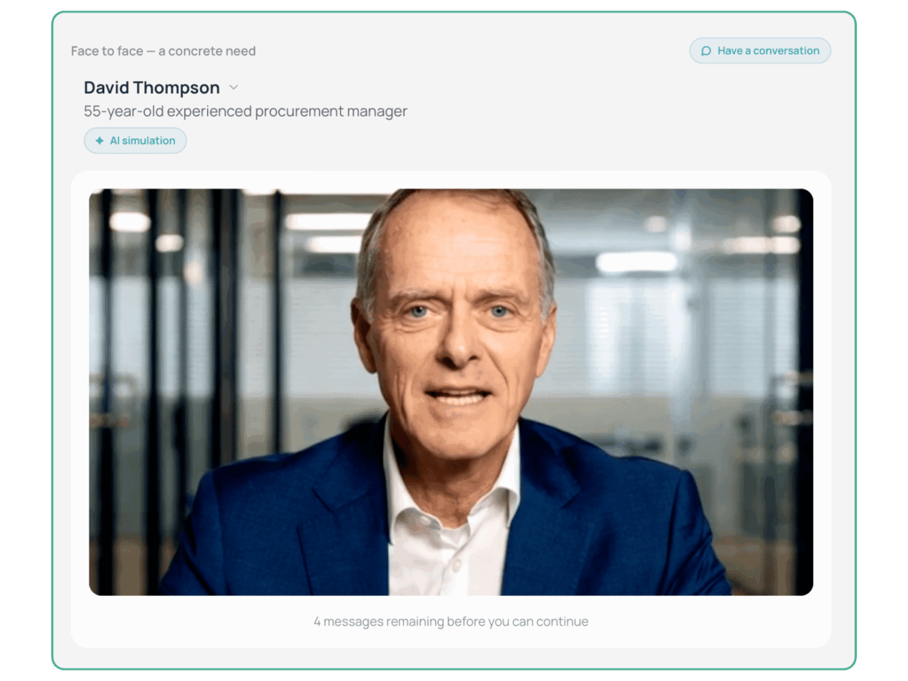 AI simulation screenshot Interactive SeppoQ AI simulation of a realistic workplace conversation