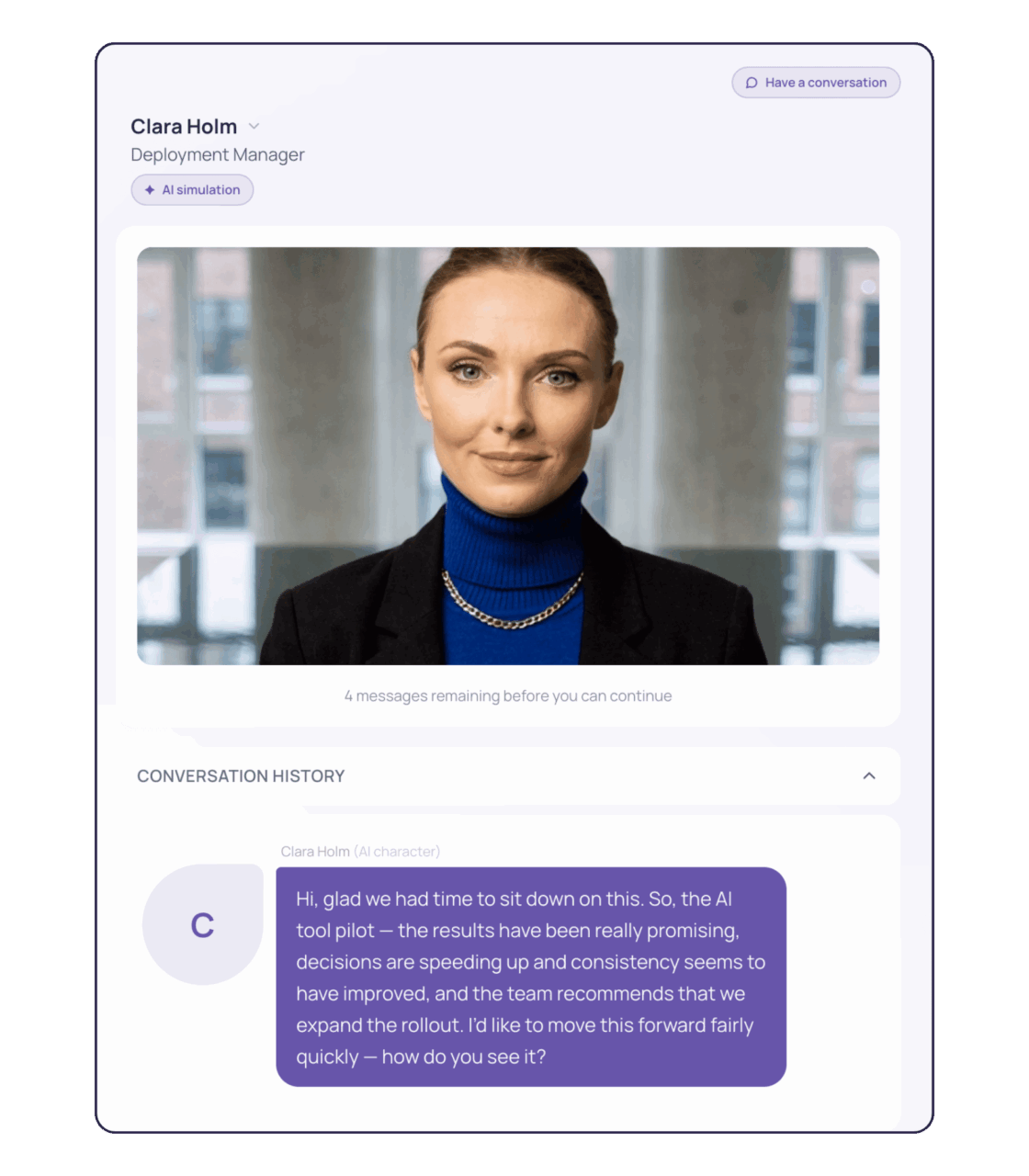 SeppoQ AI simulation showing a workplace conversation about evaluating the results of an AI pilot and deciding whether to expand its rollout.