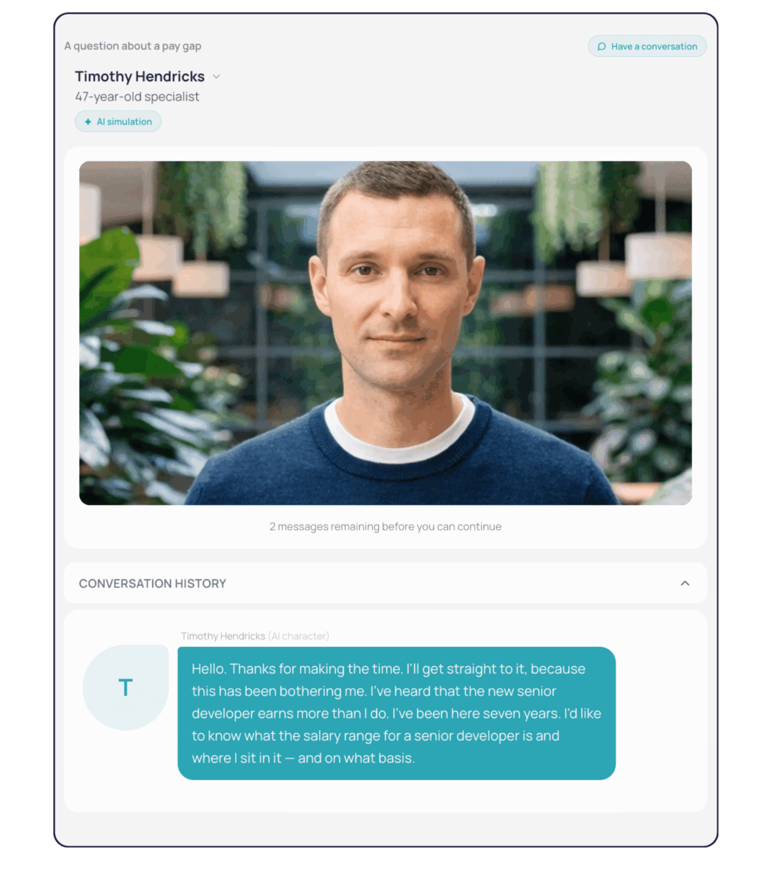 Screenshot of a SeppoQ AI simulation where an employee questions pay differences and asks about salary ranges and pay criteria.
