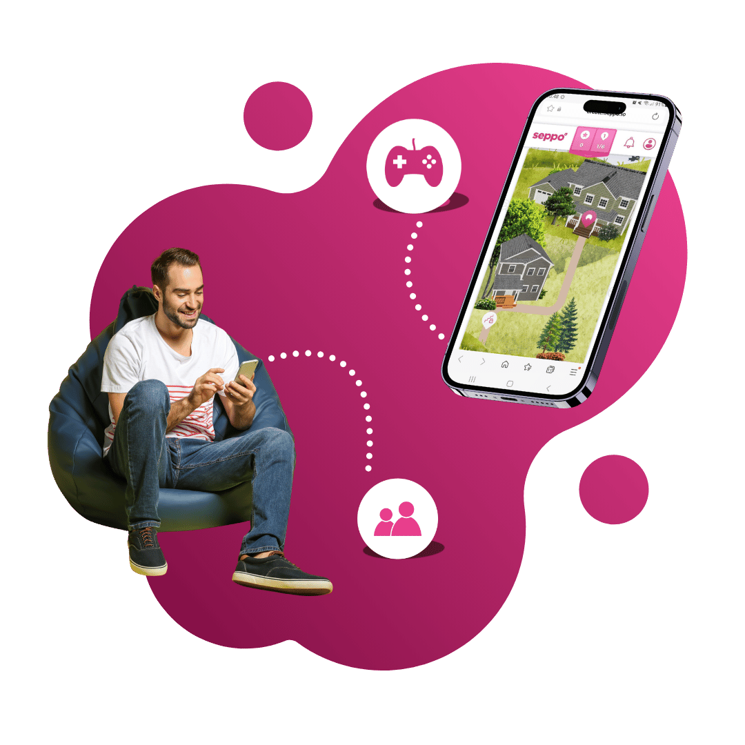Person playing a Seppo gamified learning game on a smartphone, with an interactive game map displayed on screen.