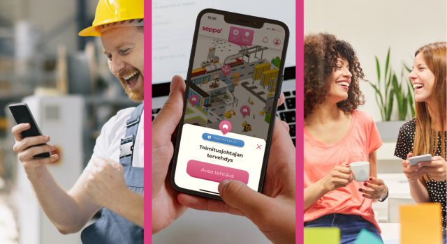 A construction worker looking at phone cheering, a phone with a Seppo game on it and two women talking and smiling